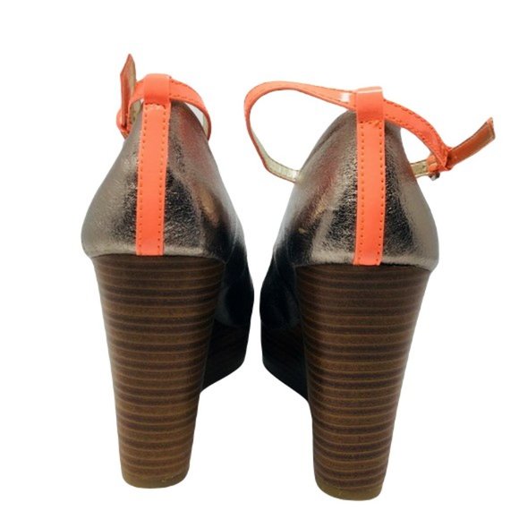 R2 Larissa Wedge Platform Ankle Strap Metallic Sparkle Gunmetal Neon Orange 10 - Picture 4 of 8